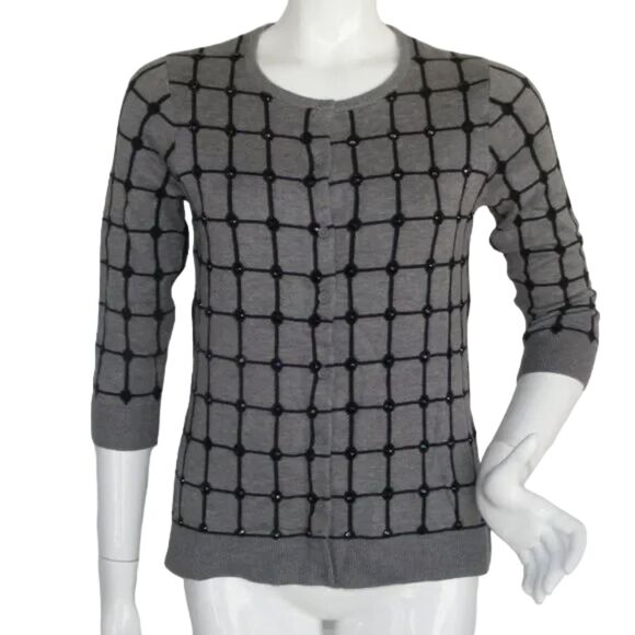 new COLDWATER CREEK Cardigan, XS/4-6 Windowpane, 3/4 sleeves, Gray & Black - Picture 1 of 13